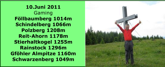 10.Juni 2011 Gaming Fllbaumberg 1014m Schindelberg 1066m Polzberg 1208m Reit-Ahorn 1178m Stierhaltkogel 1255m Rainstock 1296m Gfhler Almpitze 1160m Schwarzenberg 1049m