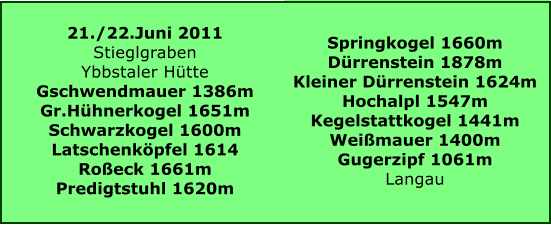 21./22.Juni 2011 Stieglgraben Ybbstaler Htte Gschwendmauer 1386m Gr.Hhnerkogel 1651m Schwarzkogel 1600m Latschenkpfel 1614 Roeck 1661m Predigtstuhl 1620m  Springkogel 1660m Drrenstein 1878m Kleiner Drrenstein 1624m Hochalpl 1547m Kegelstattkogel 1441m Weimauer 1400m Gugerzipf 1061m Langau