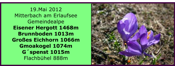 19.Mai 2012 Mitterbach am Erlaufsee Gemeindealpe Eisener Hergott 1468m Brunnboden 1013m Groes Eichhorn 1066m Gmoakogel 1074m Gspenst 1015m Flachbhel 888m