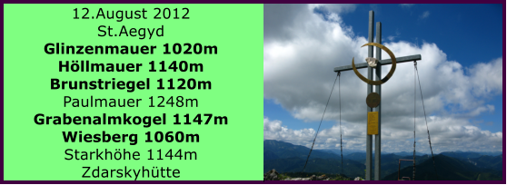 12.August 2012 St.Aegyd Glinzenmauer 1020m Hllmauer 1140m Brunstriegel 1120m Paulmauer 1248m Grabenalmkogel 1147m Wiesberg 1060m Starkhhe 1144m Zdarskyhtte