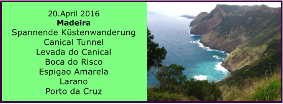 20.April 2016 Madeira Spannende Kstenwanderung Canical Tunnel Levada do Canical Boca do Risco Espigao Amarela Larano Porto da Cruz