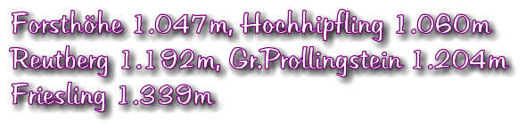 Forsthhe 1.047m, Hochhipfling 1.060m Reutberg 1.192m, Gr.Prollingstein 1.204m Friesling 1.339m