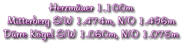 Herzmuer 1.100m Mitterberg S/W 1.474m, N/O 1.496m Drre Kgel S/W 1.060m, N/O 1.075m