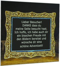 Lieber Besucher! DANKE dass du meine Seite besucht hast. Ich hoffe, ich habe auch dir ein bisschen Freude mit den Bildern bereitet und wnsche dir eine schne Adventzeit!